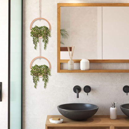 JUSTOYOU 2pcs Fake Hanging Plants Artificial Succulents Wooden Hanging Planter Artificial String of Pearls with Pot and Lanyard for Living Room Bathroom Indoor Outdoor Boho Wall Decor