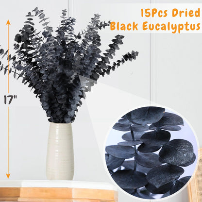 15pcs Real Black Eucalyptus Stems - Black Flowers and 17 Inch Preserved Natural Eucalyptus Leaves Branches for Flower Arrangement DIY and Home Decor Halloween Farmhouse Vase Decoration