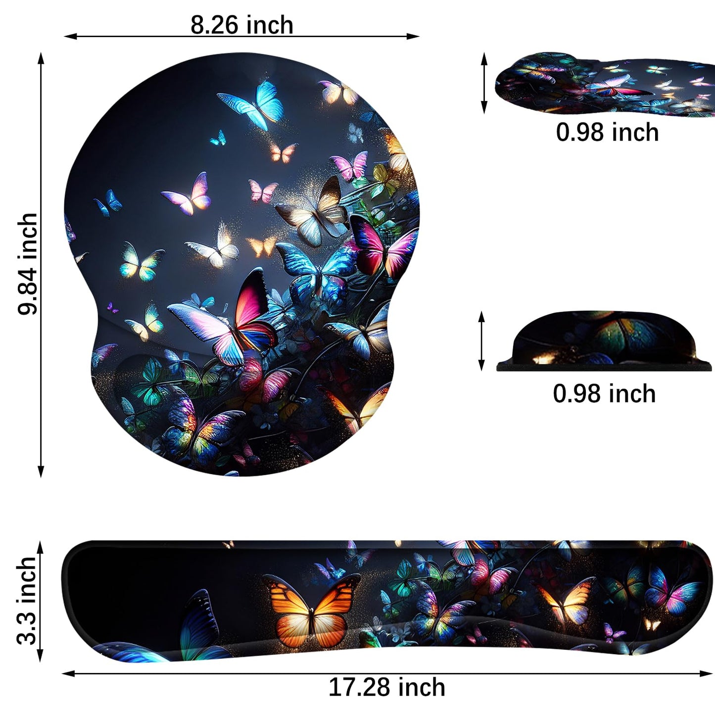 ARTSO Ergonomic Mouse Pad with Wrist Rest, Comfortable Keyboard Wrist Rest, Memory Foam Mousepad for Computer Keyboard, Mouse Pad Set for Easy Typing, Pain Relief, Night Butterfly