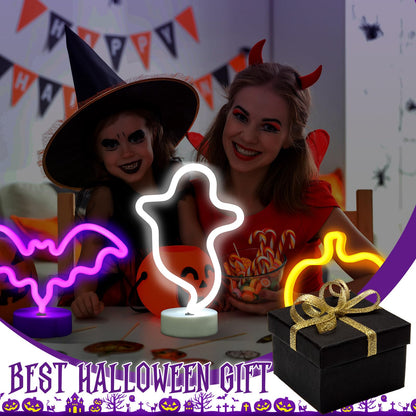 VIHOSE 3 Pcs Neon Light Halloween Decorations LED Lamps Ghost Pumpkin Bat Shape Neon Signs Decorative Battery Operated Night Lights with Holder Base for Bedroom Table Desk Room home Party Bar Gifts