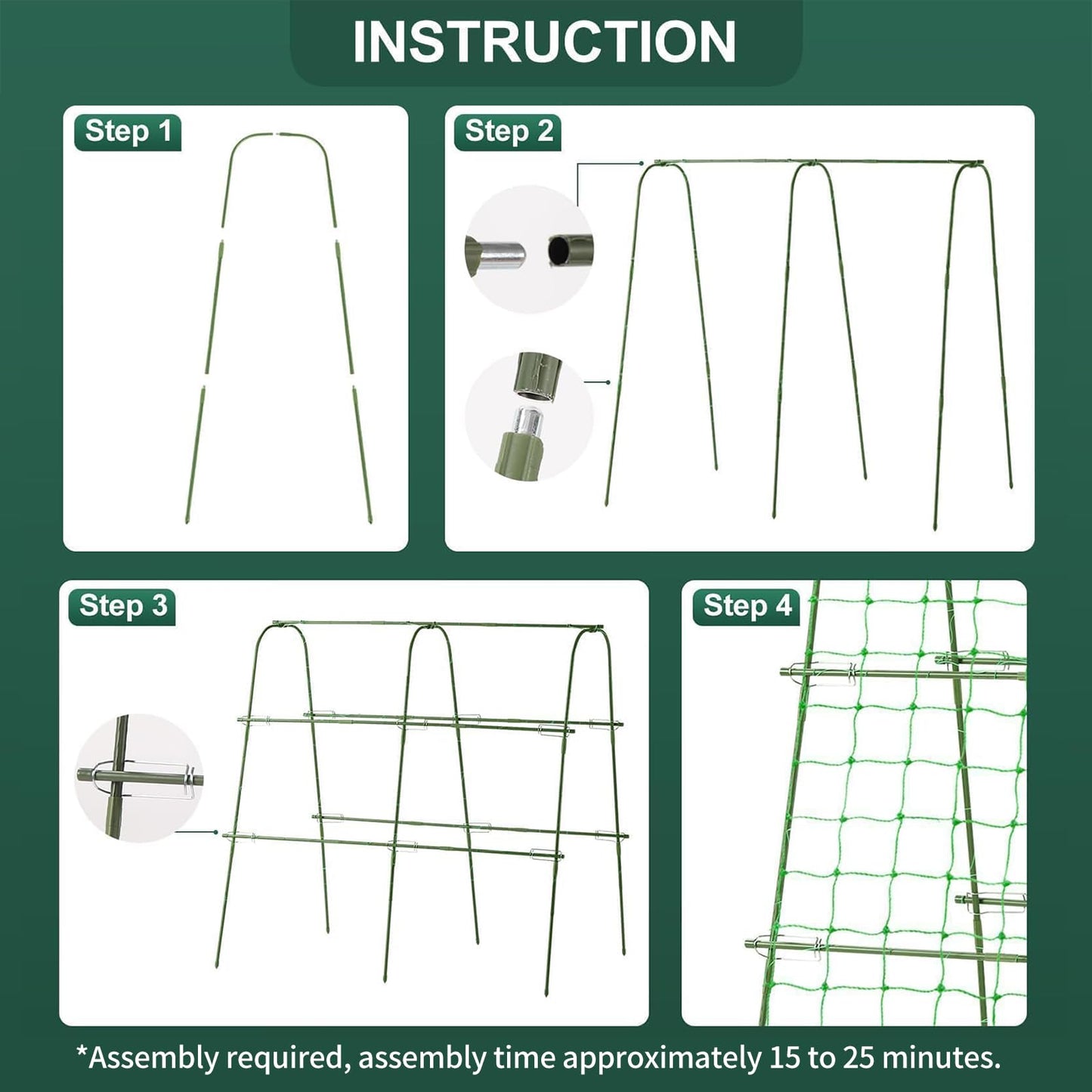 FOLLOOK Cucumber Trellis for Raised Garden Bed, Rustproof Metal Garden Arch Trellis for Climbing Plants Support Outdoor Fruit Grape Vine Vegetable Tomato Pole Bean Snap Pea Trellis, 48x48inch, Green