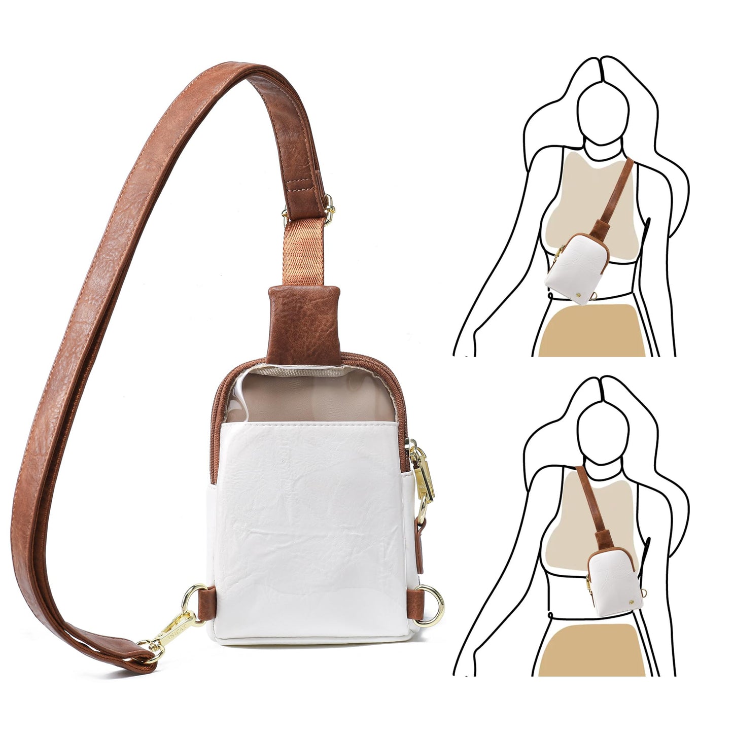 INICAT Sling Bag for Women Touchscreen Small Crossbody Cell Phone Purse Fanny Pack（White Brown Anti Theft Small)
