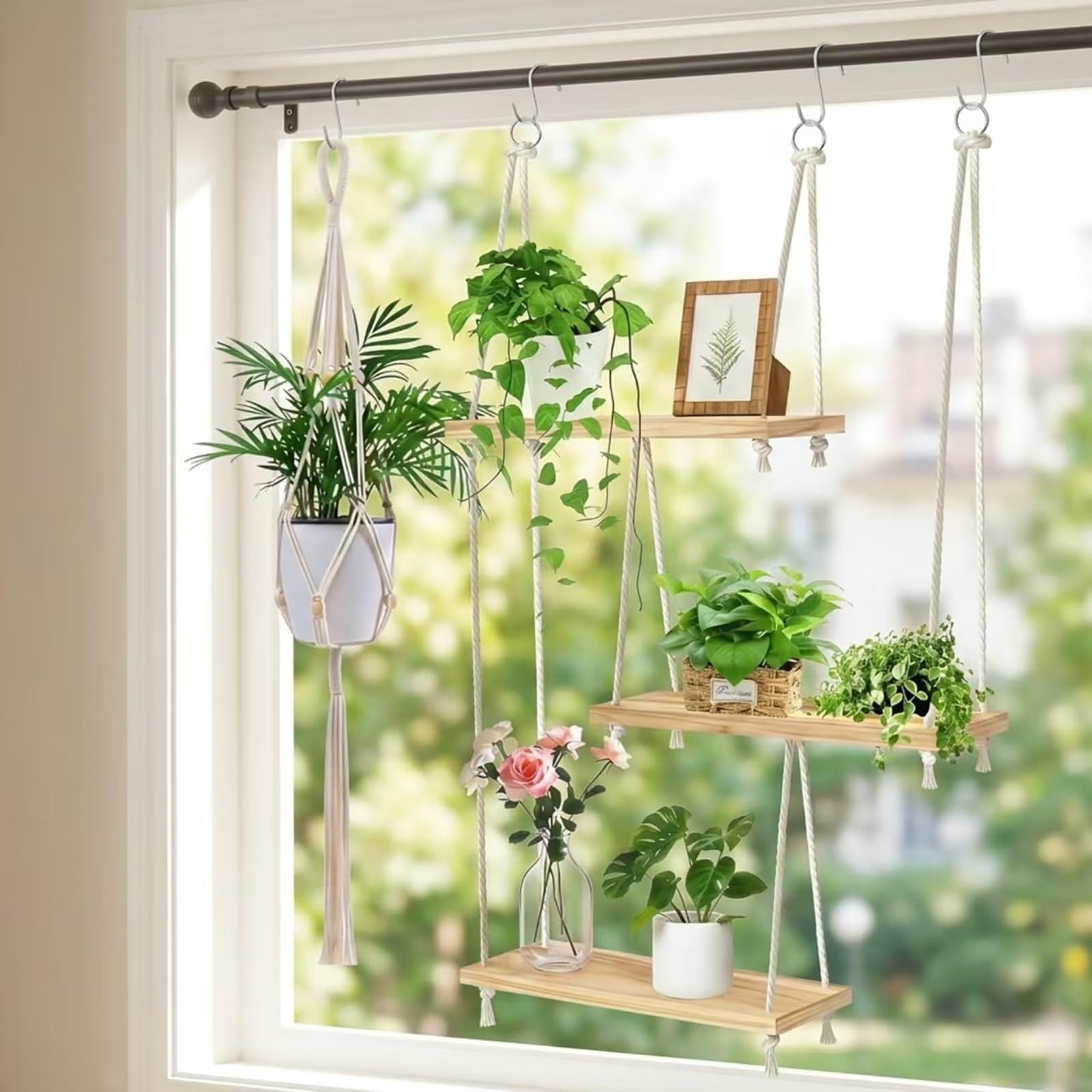 Window Plant Shelves, 3-Tier Boho Window Sill Plant Shelf with 35 Inch Macrame Plant Hanger, Indoor Hanging Wood Window Plant Hanger for Herb Garden, Flower, Micro Greens, Seedling Pots Display Stand