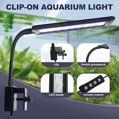 Clip on Aquarium LED Light,Fish Tank Light for 5-20 Gallon,with Timer Auto On/Off 24-Hour Cycle, White Blue Red LEDs Lighting Built-in 5 Brightness Levels Memory Function