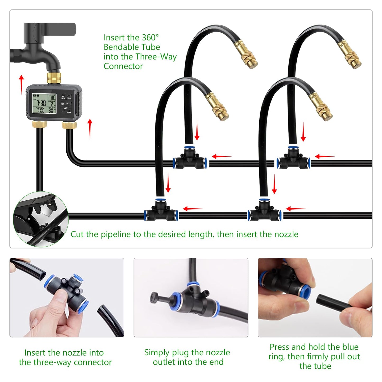 120FT Drip Irrigation System with Smart Water Timer – Automatic Garden Watering Kit with Dual Metal Tube Brass Connectors, 360° Adjustable Nozzles & Bendable Tubing for Garden, Greenhouse & Lawn