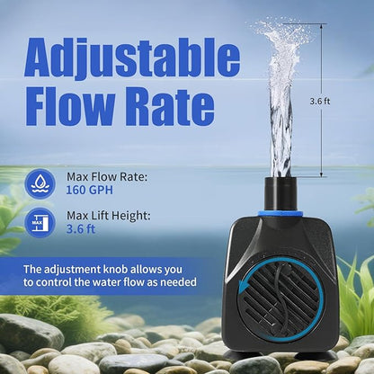 AQUANEAT Small Fountain Pump, 160 GPH Submersible Water Pump for Aquarium Fish Tank, Outdoor Water Fountain, Hydroponics, Pond Filter Pump