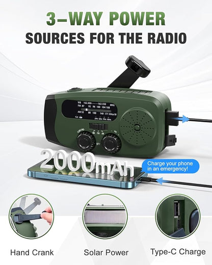 Hand Crank Radio with AM/FM/NOAA Weather Bands,for Emergencies, Camping | 3 LED Flashlights,SOS Function,Solar Powered,Hand Cranked, 2000mAh/7400mWh Charger,for Power Outage - Olive Green