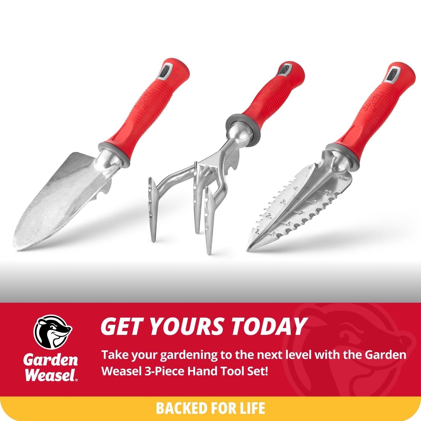 Garden Weasel 3-Piece Hand Tool Combo Set | Trowel, Transplanter and Cultivator | Heavy Duty Lawn and Garden Set, Digging, Planting, and Weeding | 91370-Q