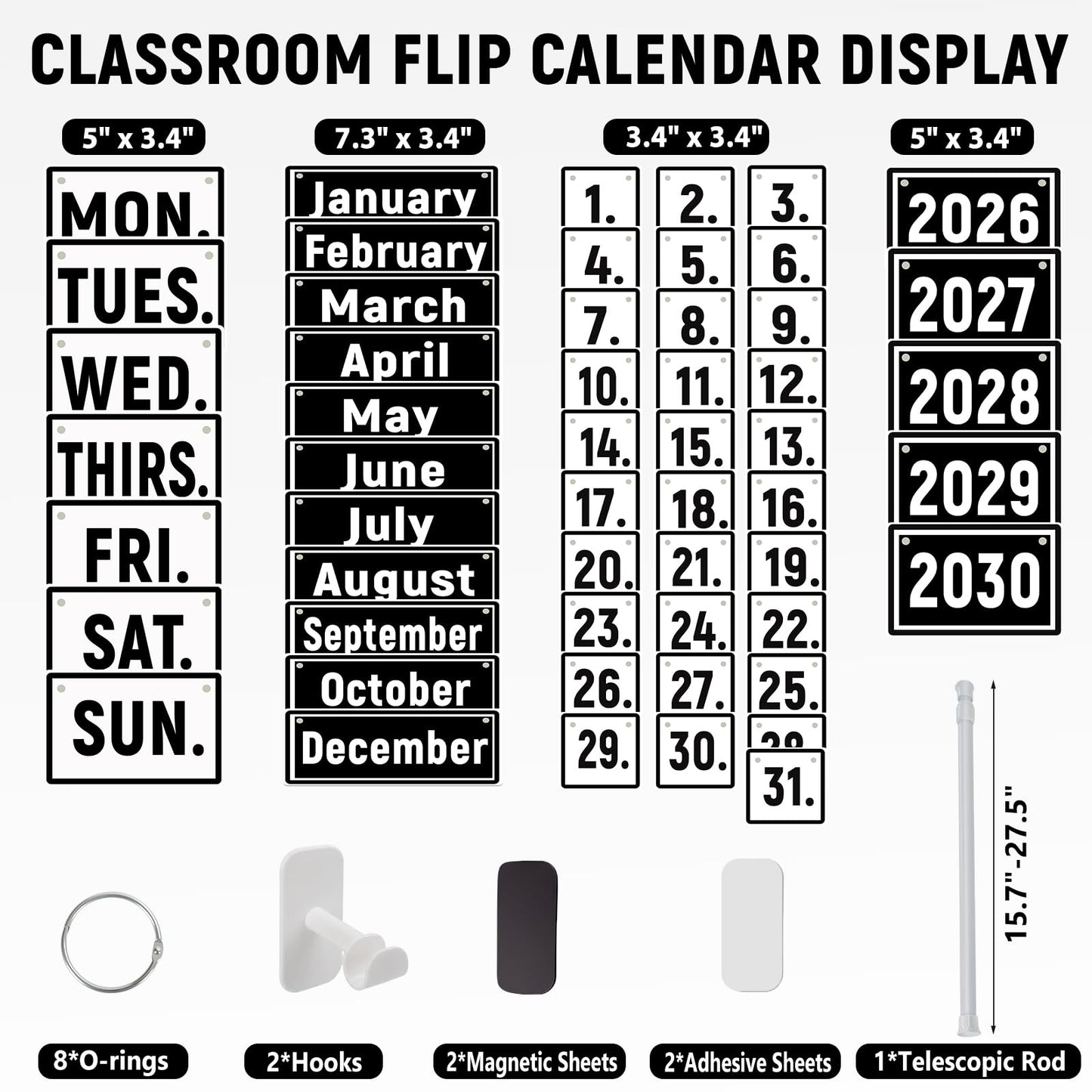 Upgraded 2-in-1 Flip Calendar for Classroom with Magnetic & Adhesive Fixing, Adjustable Magnetic Rod Flip Calendar for Whiteboard, Black and White Classroom Decor Bulletin Board Set (Black and White)