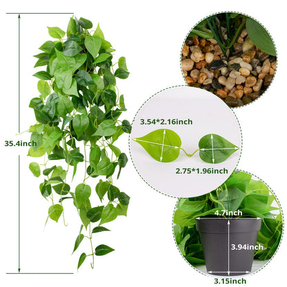 LOYWREE 35.4in Artificial Plants in Black Pot Realistic Fake Hanging Potted Greenery with Faux Ivy Vine & Pothos - Ideal for Shelf, Home, Office, Indoor & Outdoor Garden Decor
