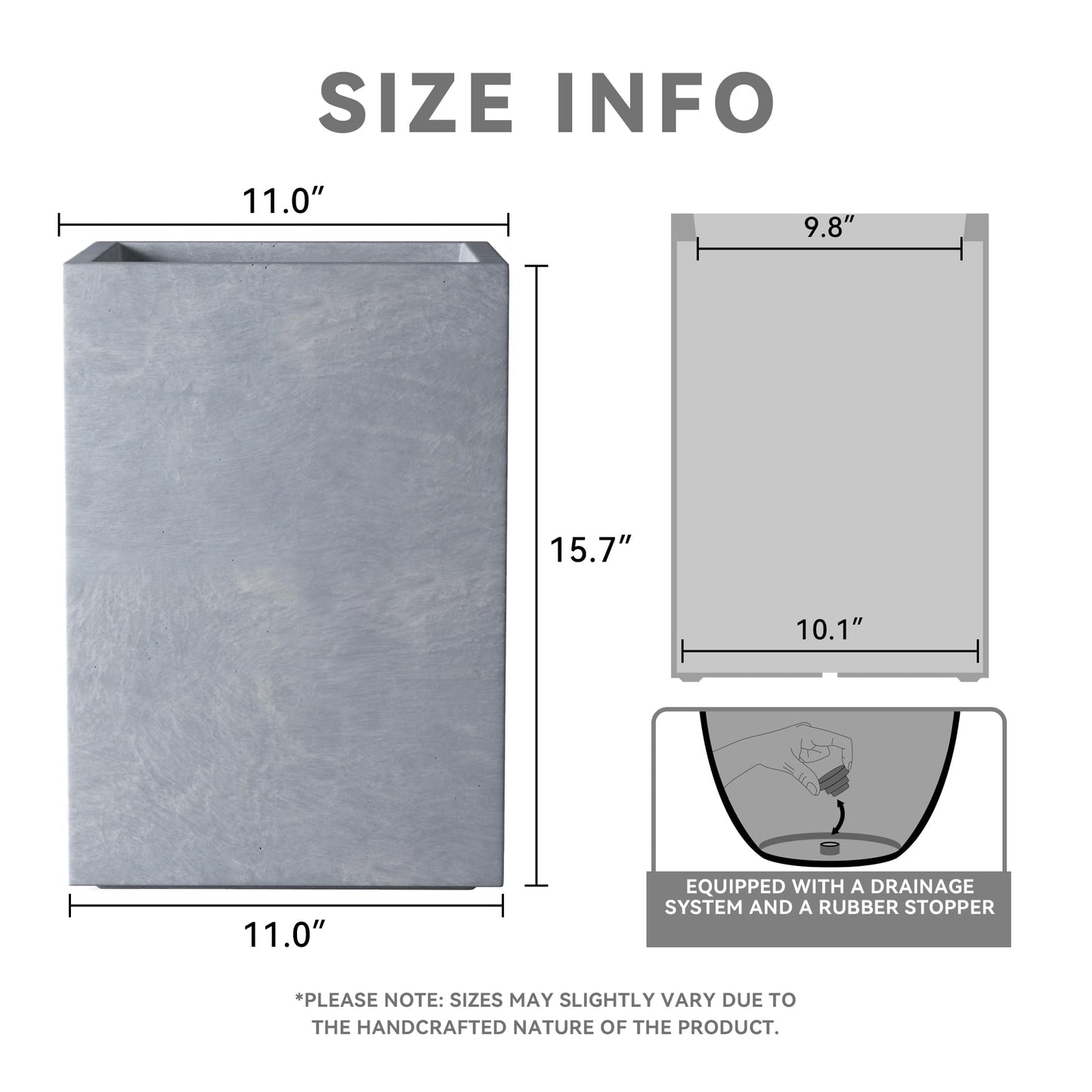 Kante 15.7" H Tall Rectangular Concrete Planters, Outdoor Indoor Lightweight Plant Pots with Drainage Hole and Rubber Plug, Modern Style for Home Garden Patio, Slate Gray