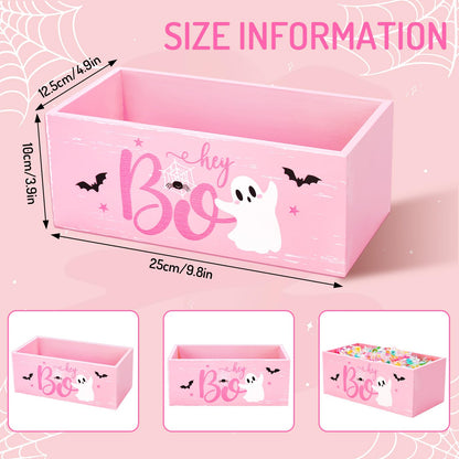 JarThenaAMCS Halloween Candy Bowl Cute Ghost Boo Candy Dish Holder Pink Wooden Serving Bowl for Table Home School Office Trick or Treat Party Decor