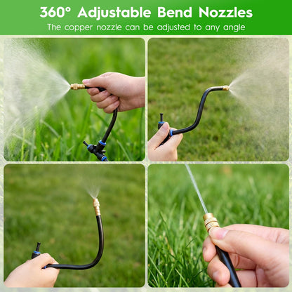 100Ft 360° Adjustable Drip Irrigation System Kit, 1/4 Inch PE Tubing with 20 Bendable Nozzles, Automatic Garden Watering System for Greenhouse, Lawn, Raised Bed, Flower Bed