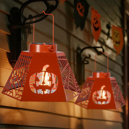 WONDER GARDEN Halloween Lantern Lights, 2 Pack Solar Hanging Pumpkin Lights, Metal Decorative Light for Outdoor Porch Yard Garden Tree Decor