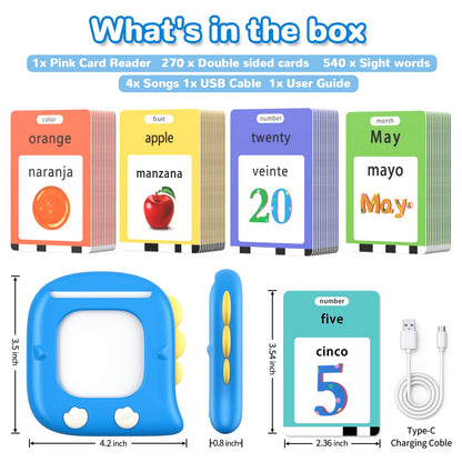 Kidzdo 520 Bilingual Spanish English Talking Flash Cards, Birthday Gifts Easter Present for 2 3 4 5 6 Year Old Boys and Girls, Pocket Speech Therapy Toys, Portable Toddlers Toys, Blue