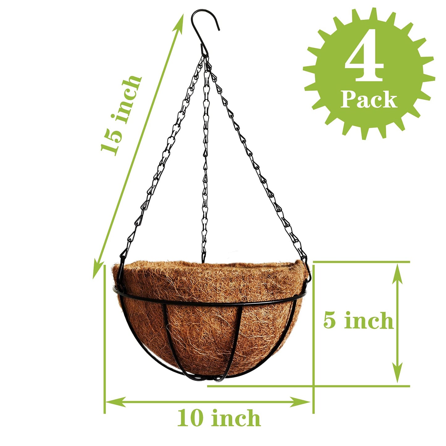 ArtFamy 4 Pack 10 inch Metal Hanging Planters Basket with Coco Coir Liner Outdoor-Hanging Baskets for Plants Outdoor,Metal Wire Baskets with Window Box Planters, Hanging Flower Pots for Railings