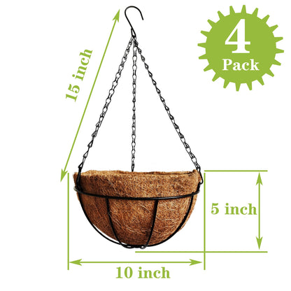 ArtFamy 4 Pack 10 inch Metal Hanging Planters Basket with Coco Coir Liner Outdoor-Hanging Baskets for Plants Outdoor,Metal Wire Baskets with Window Box Planters, Hanging Flower Pots for Railings