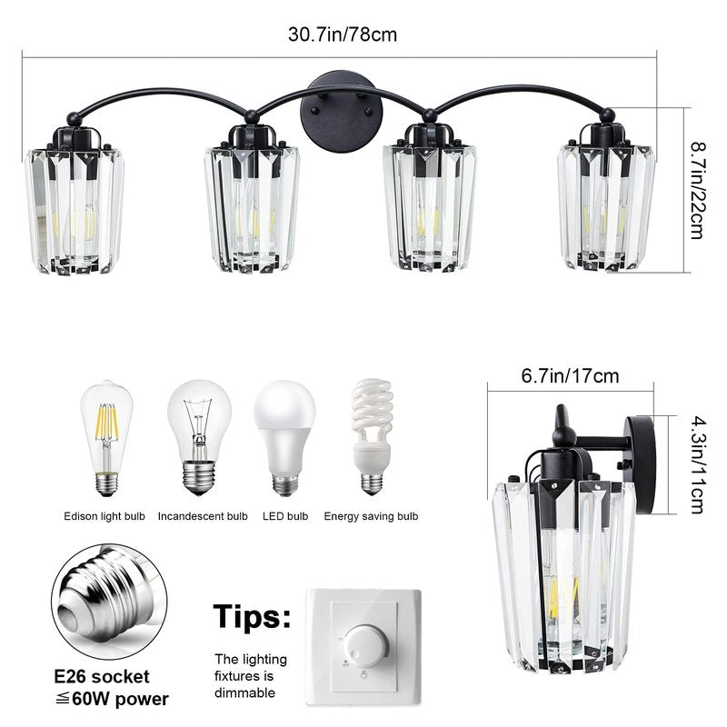 Aipsun Crystal Vanity Light Fixtures Black Bathroom Light Fixtures Crystal Wall Lights for Bathroom E26 Base (Exclude Bulb)