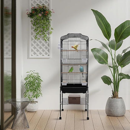 Large Bird Cage with Stand 54 Inch Standing Bird Cage with Removable Tray, Rolling Bird Cage Stand with Wheels for Parakeets, Parrot, Cockatiel, Pigeon, Finch Cage for Birds(Black)