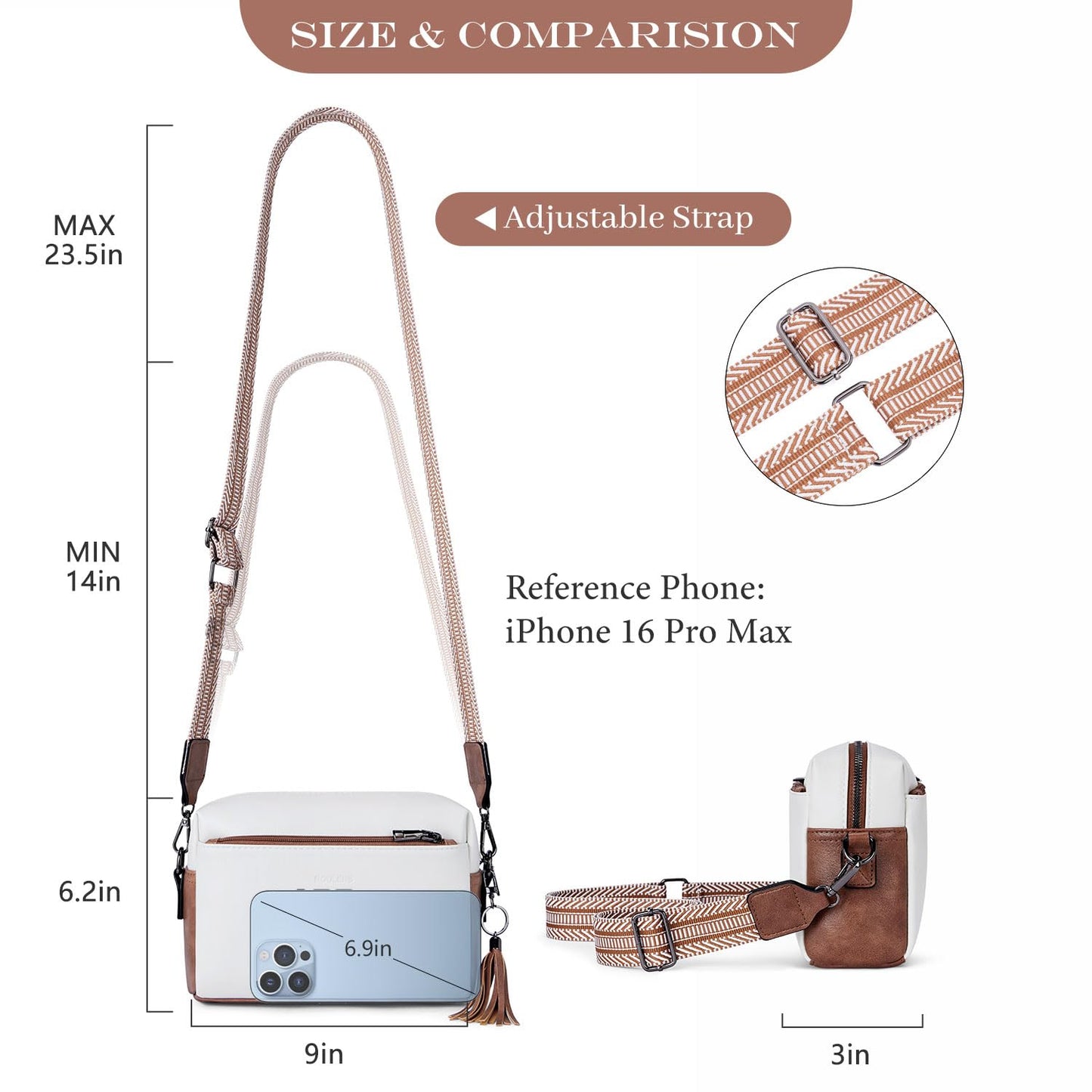 Roulens Triple Zip Small Crossbody Bag for women,Wide Strap Cell Phone Purse Shoulder Handbag Wallet with Credit Card Slots