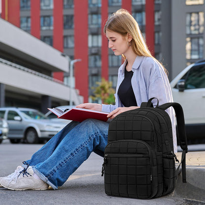 kadilong Laptop Backpack for Women College Travel,Quilted Daypack Bookbag for School Teen Girls Mochilas Mujer,Black