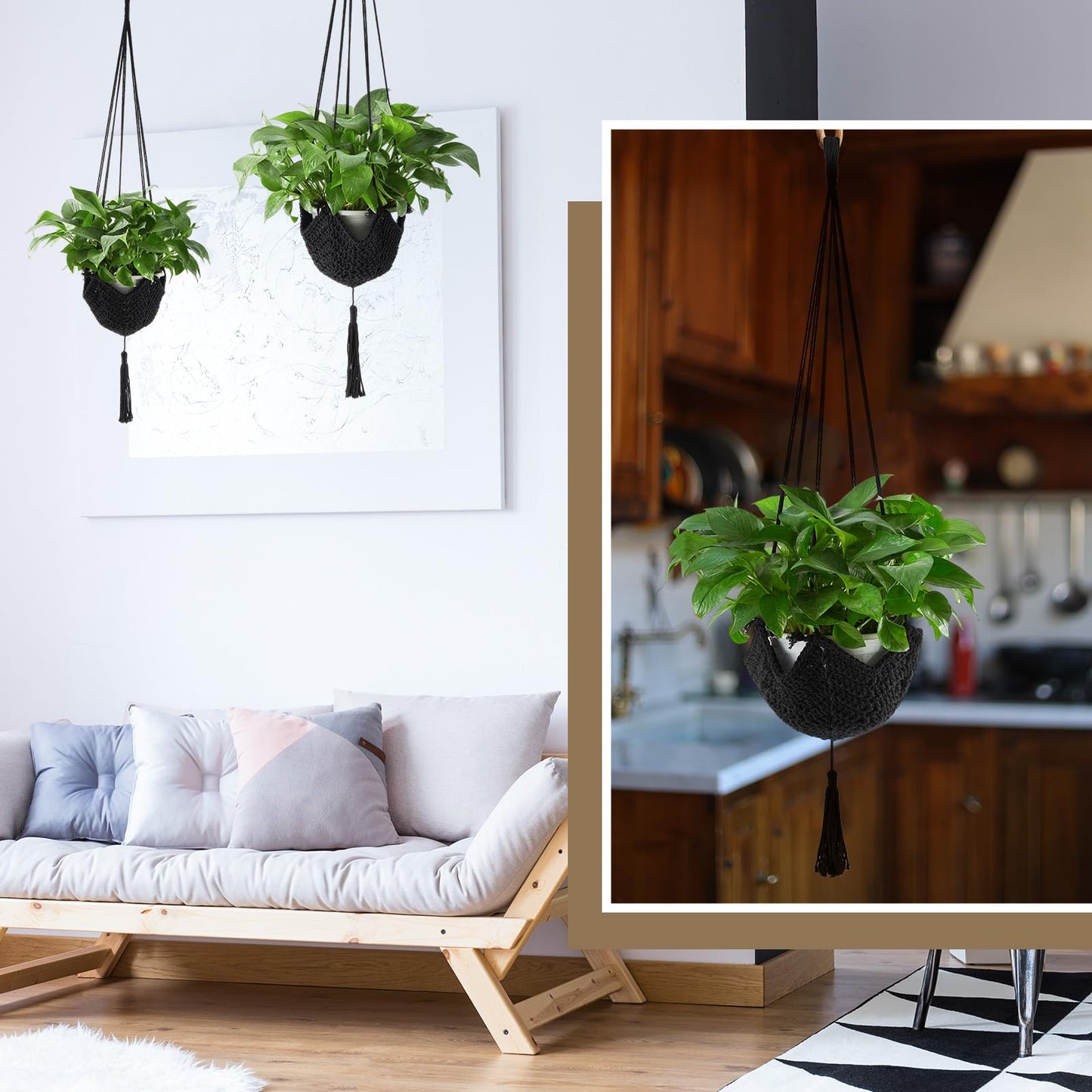 Shappy 3 Pack Boho Macrame Plant Hanger, Large Hanging Planter Plant Holder Pot Hanger Hanging Basket Wall Planters, Plants Lover Gift for Indoor Garden (Classic,Black)