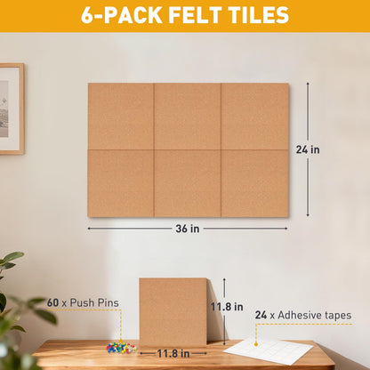 QUEENLINK Cork Board for Wall, 36"x24", 6-Pack Cork Tiles with Removable Adhesive Tabs, Square Bulletin Board Pin Board Tack Board for Home Office Classroom, 60 Push Pins