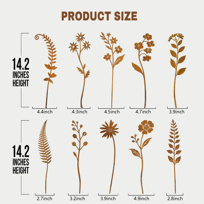 YLDLANXI 10 Pcs Rusty Metal Flower Garden Stakes,Rustic Metal Fern Leaf Plants,Iron Art Plant Shaped Decoration for Outdoor Lawn Walkway Patio
