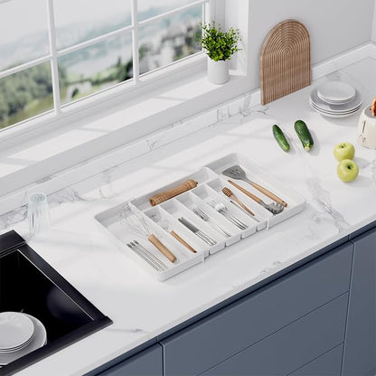 Aujen Silverware Organizer - Expandable Kitchen Drawer Organizer, Adjustable Utensil Organizer, Cutlery Tray for Forks, Knives, Multipurpose Kitchen Organizers and Storage Solution, White, Large