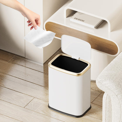 KHMMGK 2.1 Gallon Bathroom Trash Can with Lid Press Top, 8 Liter Stainless Steel Garbage Can with Press Type Lid, Slim Trash Bin Waste Basket for Toilet, Office, Bedroom, Living Room (White)