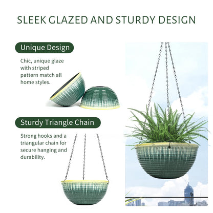 LESOASIS 10inch Hanging Planter, 2 Pack Hanging Planters for Indoor and Outdoor Plants, Glazed Hanging Plant Holder with Drainage, Indoor Hanging Flower Pots for Garden Home (Green Glaze)