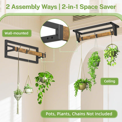 iDavosic.ly Plant Hanger Indoor Set of 2 for Wall & Ceiling, Metal and Wood Hanging Rod with 6 Hooks, Floating Flower Display Shelf for Window, Space Saving (Pots/Chains/Plants Not Included)
