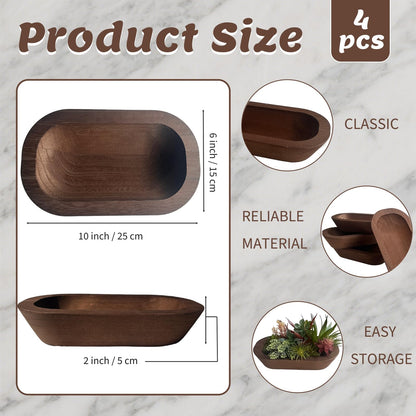 cachiv 4 Pack Dough Bowl for Candle, Wooden Decorative Bowls Paulownia Rustic Hand Carved Wooden Bowls for Candle Making Key Living Room 10"x6"x2" Brown