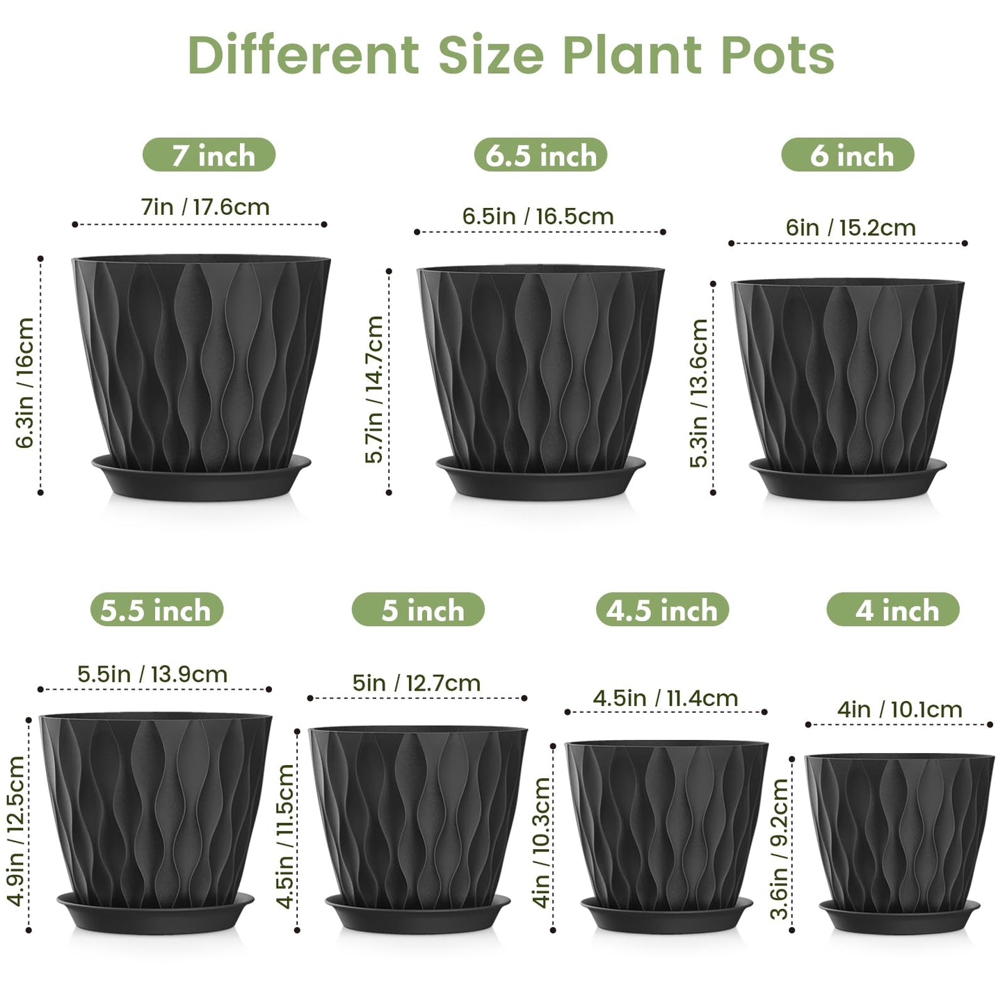 Meowell 7/6.5/6/5.5/5/4.5/4 inch Plant Pots for Indoor Outdoor Plants, 7 Pack Thick Flower Pots with Drainage Holes and Saucers, Modern Wave Texture Plastic Planter Pots for Nursery, Succulent, Black