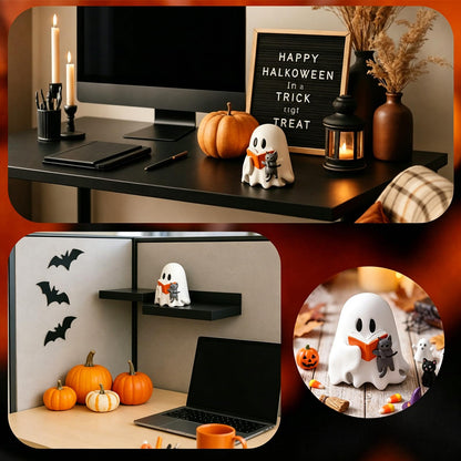 Vicenpal Halloween Ghost Reading Book with Cat Figurine Resin Spooky Tabletop Decor for Indoor Home Office Bookshelf Coffee Table Centerpieces Party Props