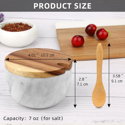 HESHIBI Salt Cellar Box with Lid & Spoon, Modern White Stone Salt or Pepper Sugar Spice Seasoning Bowl Container Jar Holder Well Keeper Dish Pig Crock for Kitchen (Marble Bowl Set)