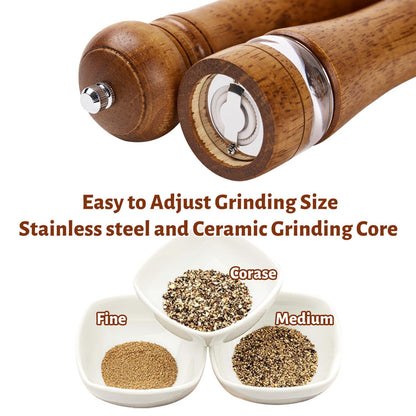 ROCKSHEAT Wooden Pepper Grinder Set of 2, 8 Inch Beech Wood Pepper Mills with Stainless Steel Core, Manual Pepper Grinder with Comfort Grip & Effortless Grinding for Kitchen Cooking