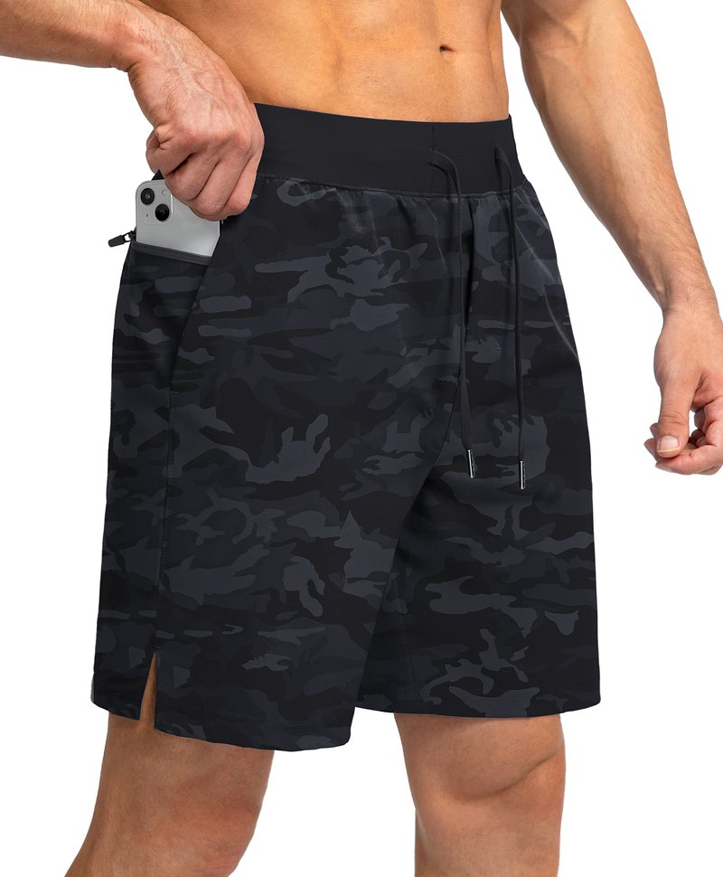 Soothfeel Men's Running Shorts with Zipper Pockets 7 Inch Lightweight Quick Dry Gym Athletic Workout Shorts for Men (Grey Camo, S)