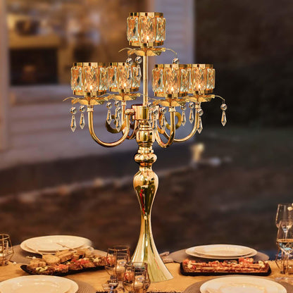 kolnlala 1PC Gold 5-Arm Crystal Pendant Metal Candle Holder with Square Crystal Bowl, 22-Inch Tall Wedding Table Centerpiece for Holiday Party Events, Christmas, Birthday Decorations