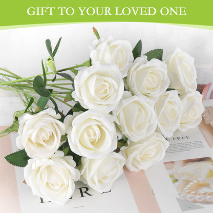 Hananona 50 Pcs Artificial Roses in Bulk, Fake Velvet Silk Roses Realistic Rose for Wedding Centerpieces Flower Arrangement Home Decor (50, White)