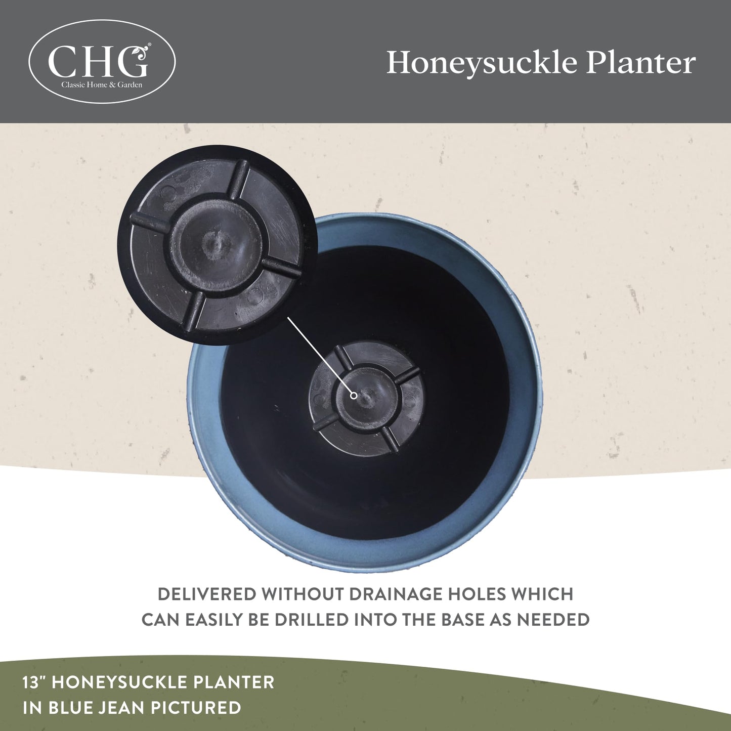 Classic Home and Garden by Growscape Honeysuckle Resin Planters - Lightweight Indoor & Outdoor Plant Pots - UV-Resistant Plastic Flower Pots - Pot Planters for Flowers & Herbs (13" Fossil)