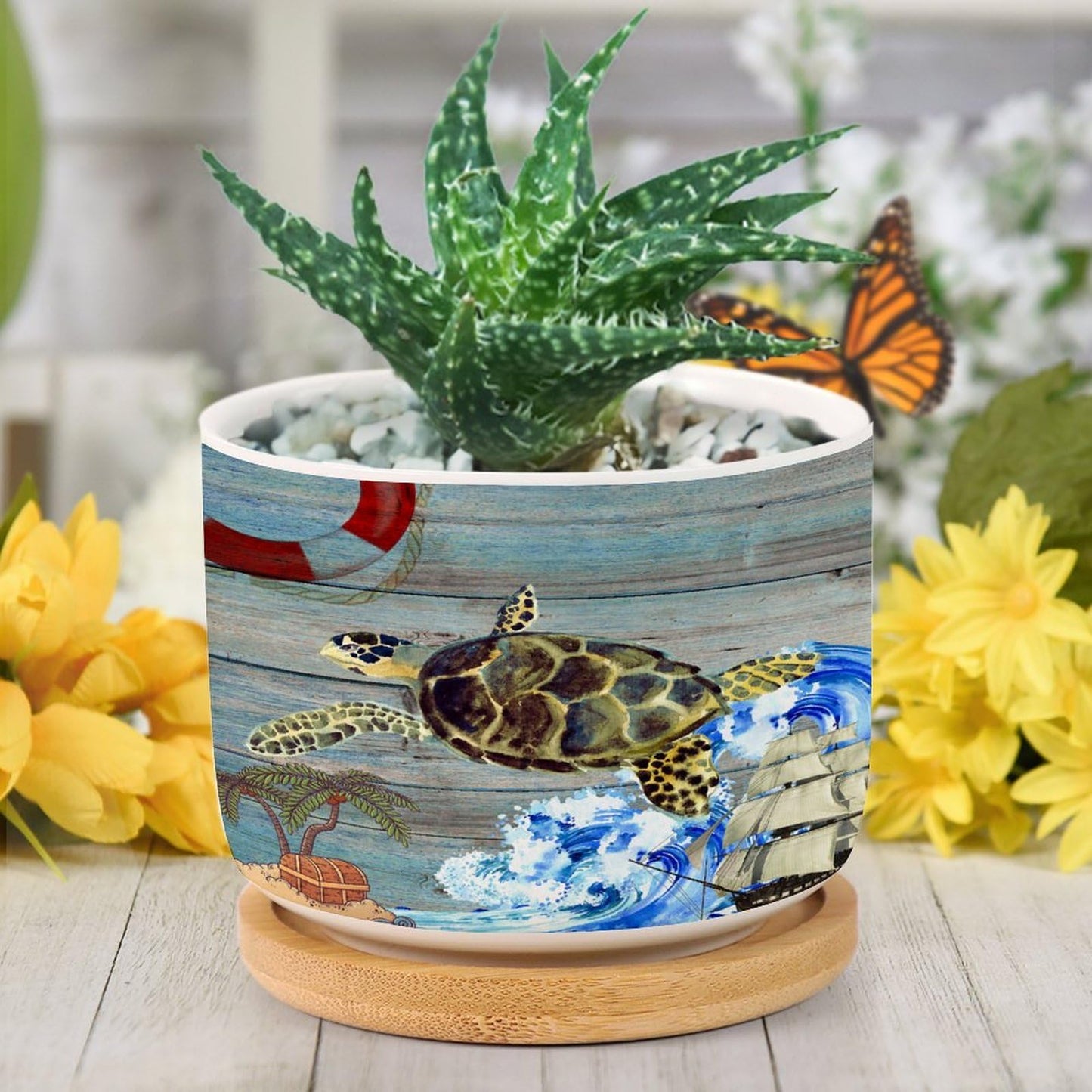 DreamAutumn Planters Ceramic Ocean Theme Sea Turtle Ceramic Pots with Drainage Holes Round Flowerpot Bamboo Tray Plant Pots for Succuelnt and Little Snake Plants Pots for Nana Mommy Grandma