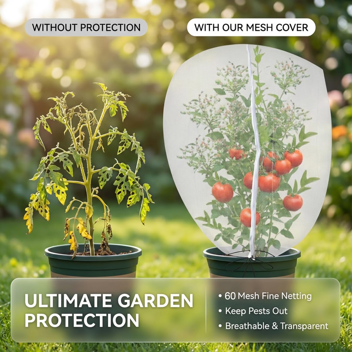 Gardtree 4PCS 2.2 x 3.2 FT Small Garden Plant Netting Covers with Double Zipper & Drawstring – Potted Plant Mesh Cover for Strawberries, Herbs & Flowers – Reusable Anti-Squirrel Barrier