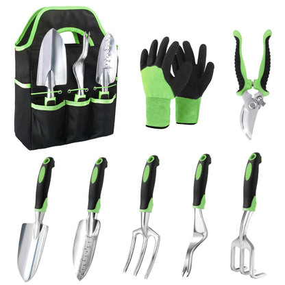 Garden Tools Set, 8 Piece Gardening Tools Set with Non Slip Ergonomic Handle, Heavy Duty Garden Tool Set with Storage Bag, Gardening Kit for Women, Garden Hand Tools Gift, Green