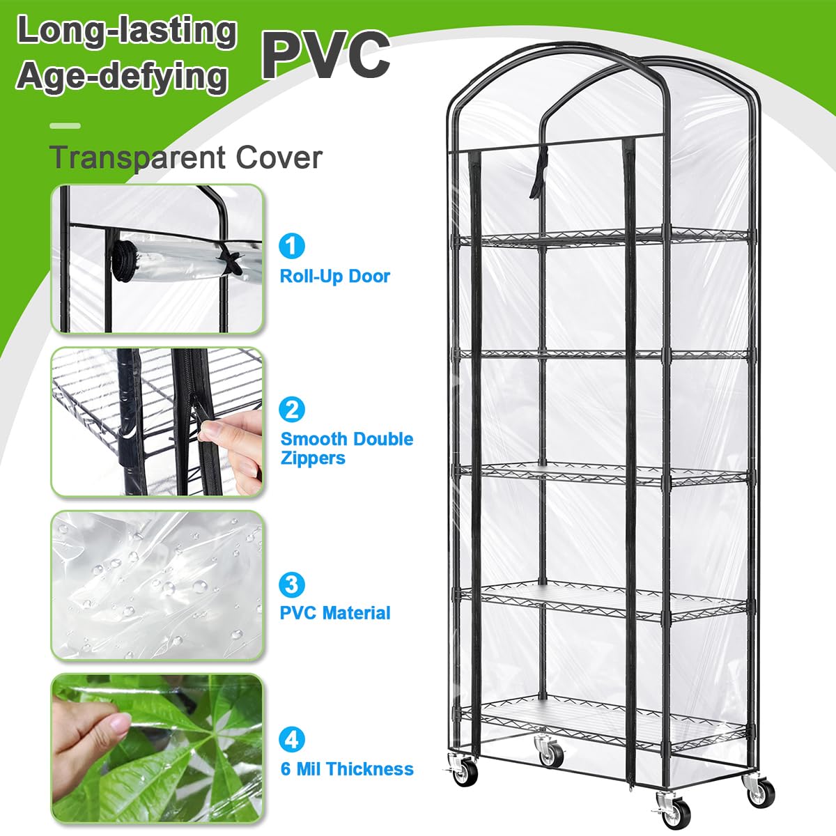 Abimars 5-Tier Greenhouse with Caster Wheel, Each Shelf Height Adjustable Metal Plant Shelf with PVC Cover for Seed Starting Trays, Seedling Pots, Plant Pots, 13x29x73inch