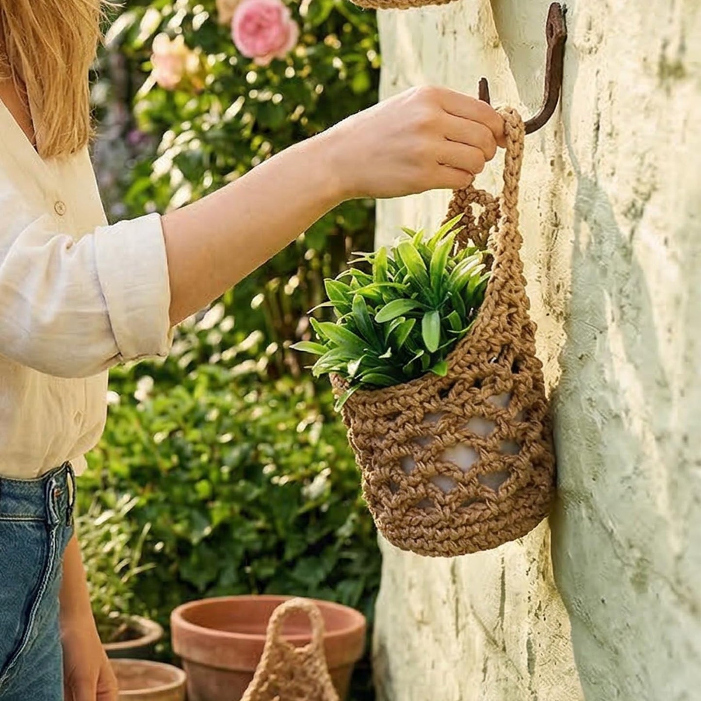 Leooomap 6 Pcs Macrame Hanging Planter Set - 3 Small (5.3"x9") & 3 Mini (4.3"x7.9") Boho Wall Mounted Cotton Baskets for Indoor Plants, Linen Color, Plants & Pots Not Included