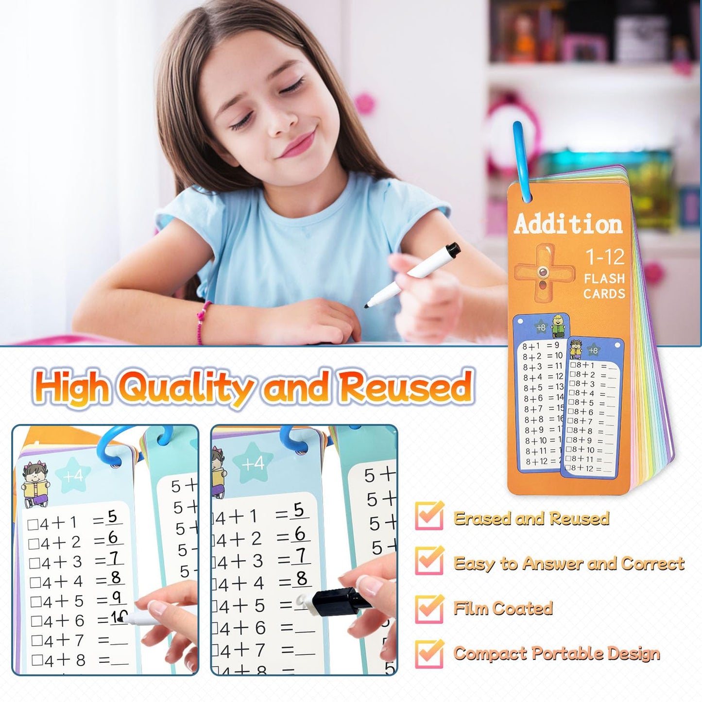 Kiadekoce Math Flash Cards 0-12, 60PCS Times Table Flash Cards Chart, with Dry Erase Markers Sorting Ring, 1st, 2nd, 3rd Grades Educational Math Multiplication Game for Kids Classroom Home