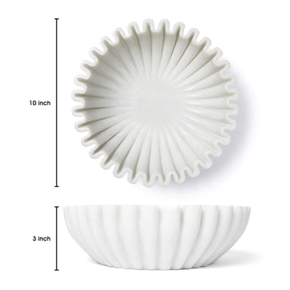 Fluted Marble Bowl Decorative - 10" Ruffle Scalloped Stone Bowl - Large Decorative Bowls for Home Decor, Coffee Table, Entryway, Fruits on Kitchen Counter, Centerpieces, Keys - Handcraffted in India