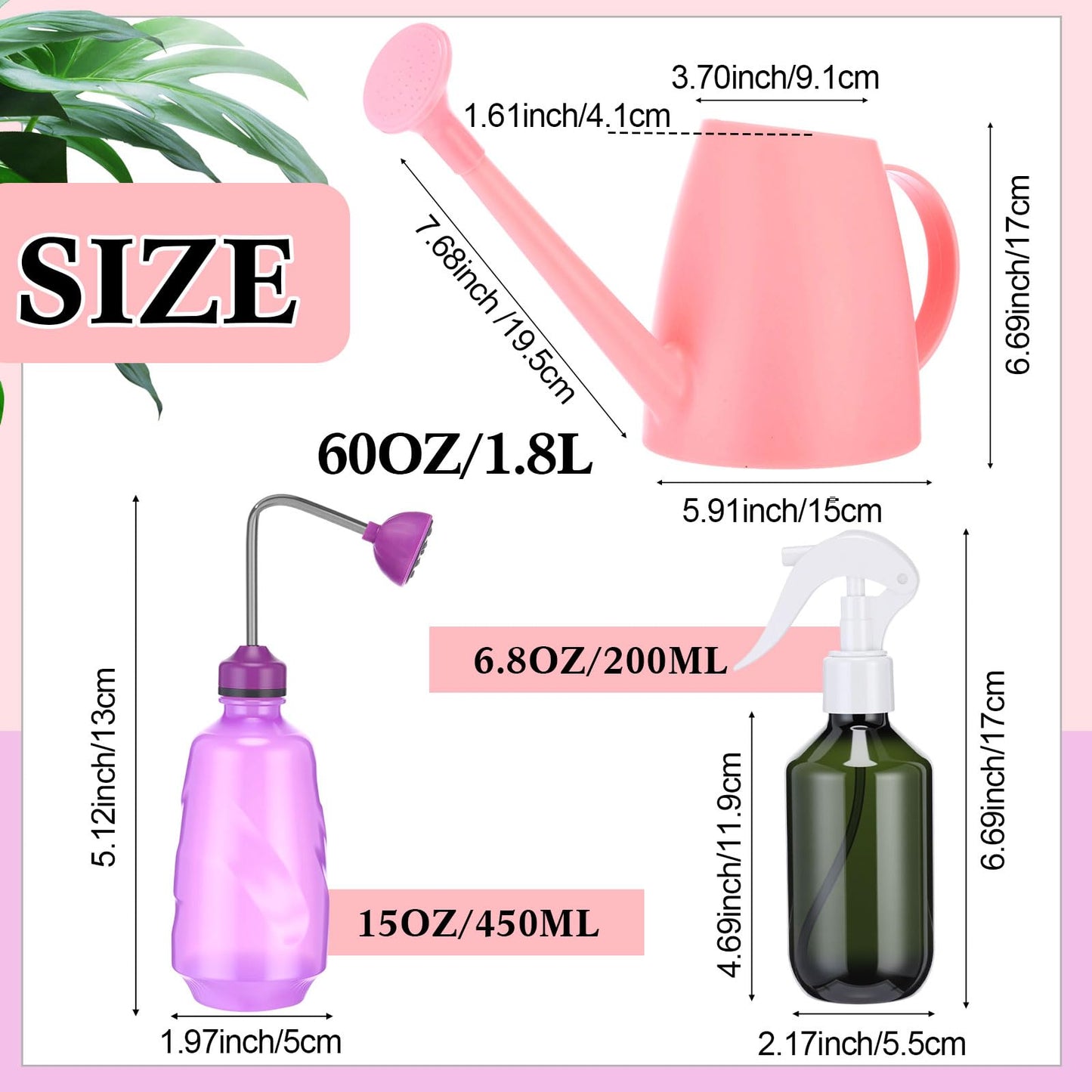 Reallnaive 1/2 Gallon Long Spout Watering Can Set for Indoor & Outdoor Plants – Includes Spray Bottle, Squeeze Bottle, Watering Globes & Soil Moisture Meter for Garden & House Plants(Pink)