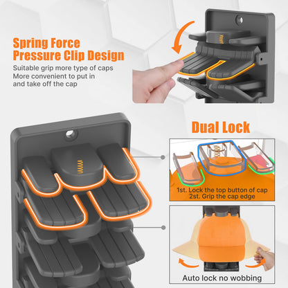 BRUBEQO Hat Organizer for Baseball Caps 2 Packs with Built-in Spring Clips - Wall Mount Closet Hat Rack Holder,Storage for Door/Closet Display Hat Racks Hanger (Strong Adhesive & Screws) Matte Black.